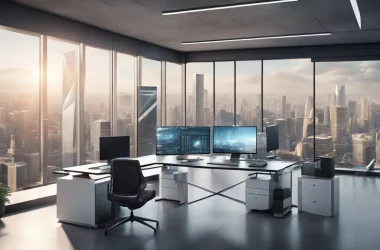 Espaço de trabalho futurista com tela digital exibindo visualizações de dados e móveis modernos.