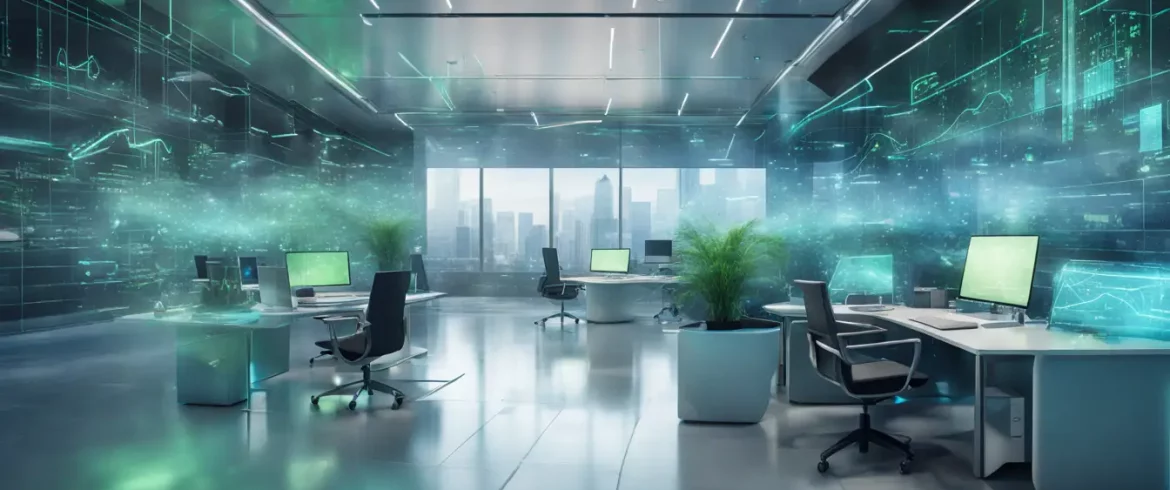 Espaço de trabalho digital futurista com dispositivos interconectados exibindo dados e hologramas em tons de azul e verde.
