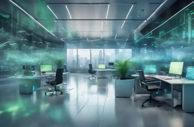Espaço de trabalho digital futurista com dispositivos interconectados exibindo dados e hologramas em tons de azul e verde.