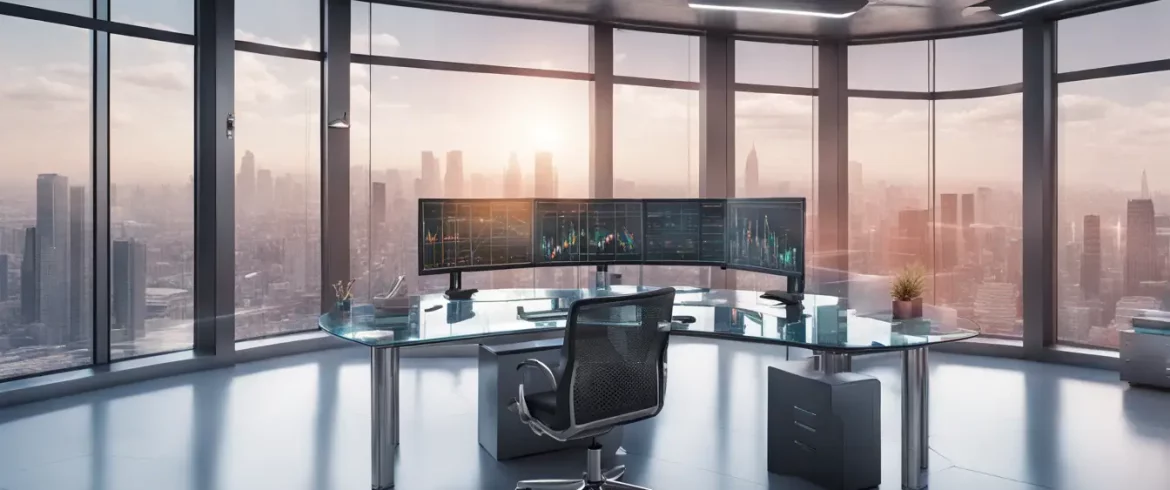 Painel digital transparente em escritório futurista com gráficos coloridos e mesas metálicas modernas.