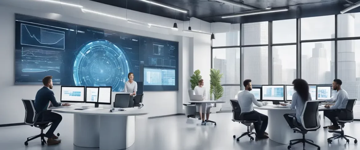 Profissionais em escritório moderno com laptops e telas exibindo gráficos de dados interconectados.