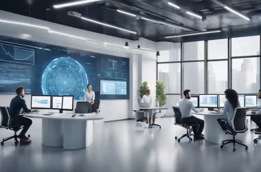 Profissionais em escritório moderno com laptops e telas exibindo gráficos de dados interconectados.
