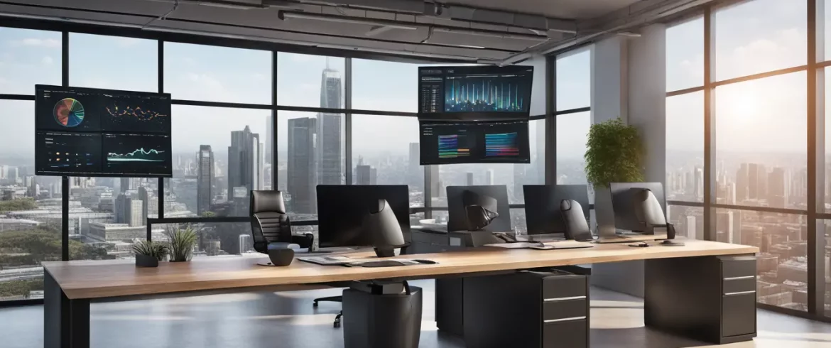 Painel digital de dados em um escritório moderno com laptop exibindo interface de software e vista para a cidade.