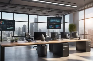 Painel digital de dados em um escritório moderno com laptop exibindo interface de software e vista para a cidade.