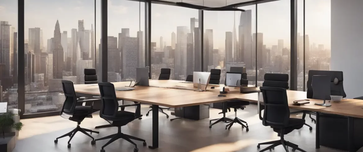 Espaço de escritório moderno com mesa de conferência de madeira, cadeiras ergonômicas pretas e quadro branco com gráficos.