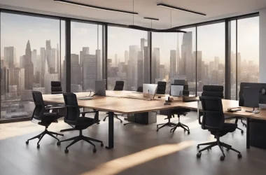 Espaço de escritório moderno com mesa de conferência de madeira, cadeiras ergonômicas pretas e quadro branco com gráficos.