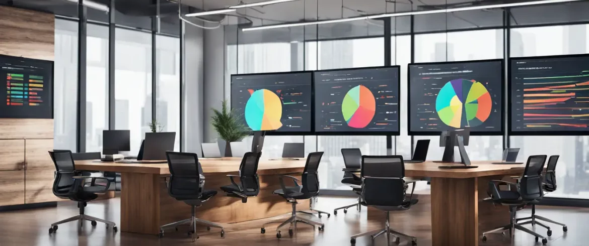 Pessoas discutindo dados em um painel digital interativo em um escritório corporativo moderno.