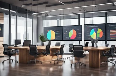 Pessoas discutindo dados em um painel digital interativo em um escritório corporativo moderno.