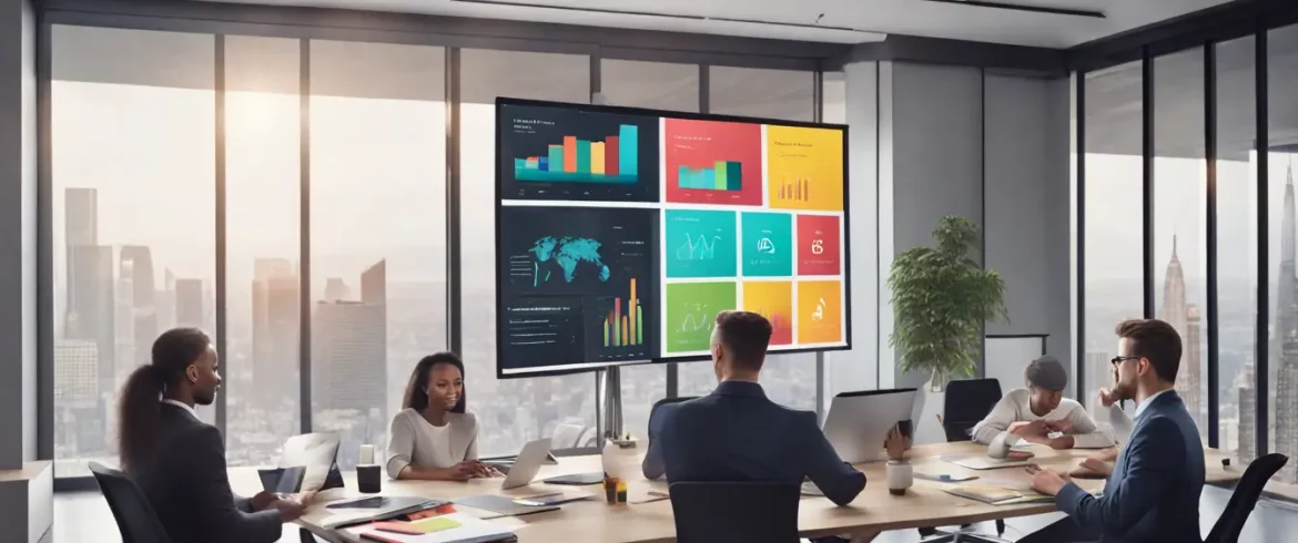 Painel do Power BI em tela tátil com gráficos coloridos em sala de conferência, equipe em trajes de negócios colabora.