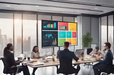 Painel do Power BI em tela tátil com gráficos coloridos em sala de conferência, equipe em trajes de negócios colabora.