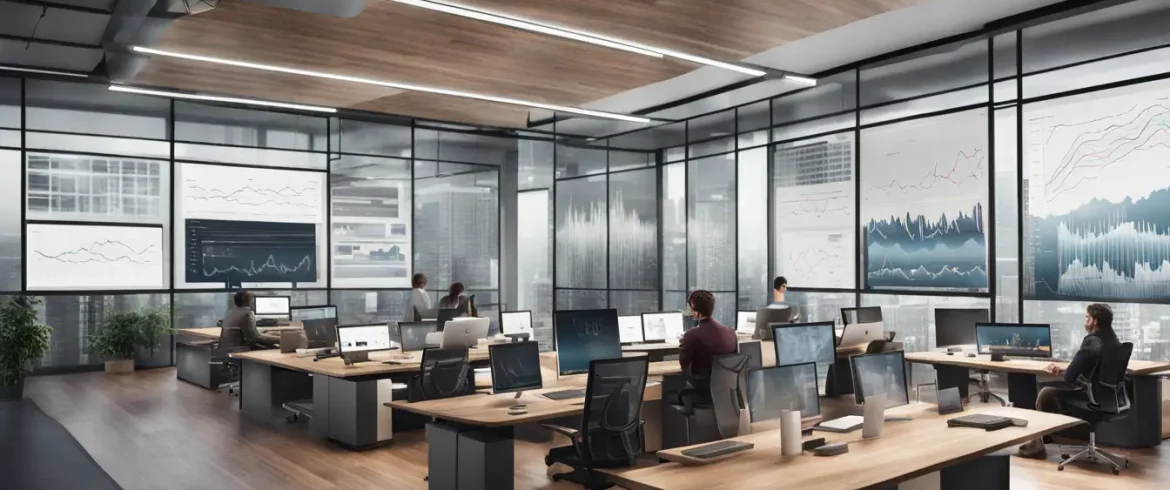 Profissionais analisam visualizações de dados complexos em um escritório moderno com um grande ecrã digital.