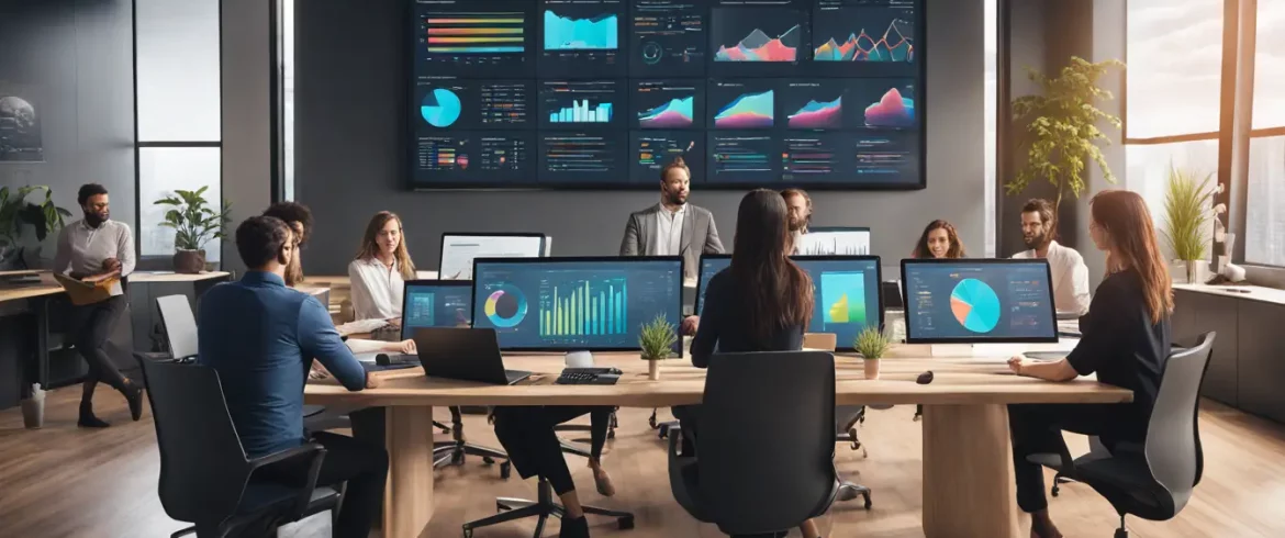 Profissionais reunidos em torno de tela digital com dashboards do Power BI e laptops em mesa de madeira.