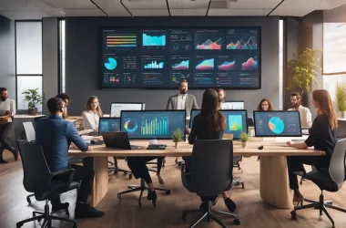 Profissionais reunidos em torno de tela digital com dashboards do Power BI e laptops em mesa de madeira.