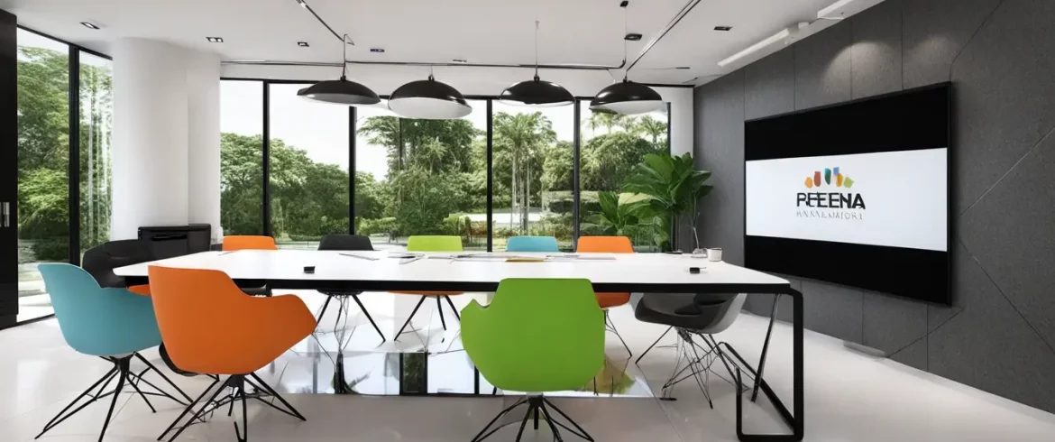 Sala de reuniões com mesa de vidro, cadeiras pretas, projetor mostrando gráficos na parede e horizonte urbano ao fundo.