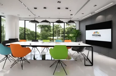 Sala de reuniões com mesa de vidro, cadeiras pretas, projetor mostrando gráficos na parede e horizonte urbano ao fundo.