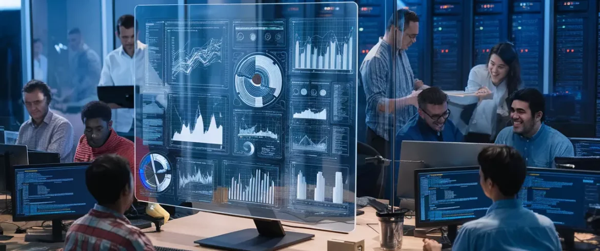Engenheiros analisando gráficos de dados em uma tela grande, com servidores ao fundo e computadores com código ao redor.
