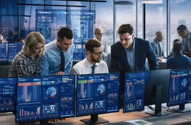 Profissionais analisam visualizações complexas de dados em dashboards do Power BI em um escritório moderno.