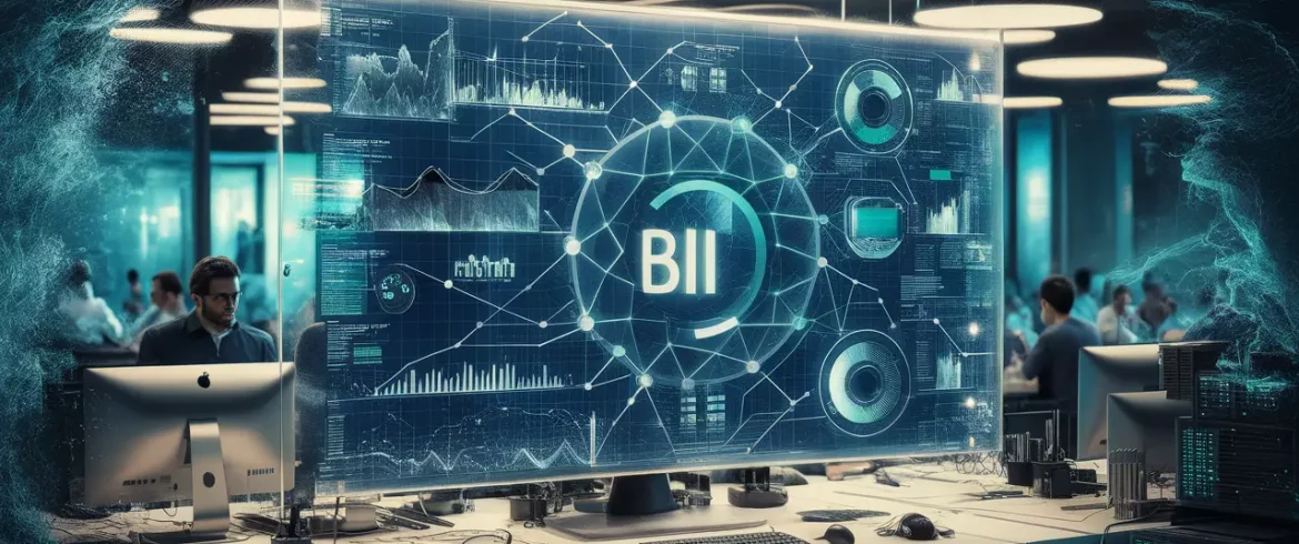 Tela transparente com análise de dados em Power BI em um escritório moderno com computadores e servidores.