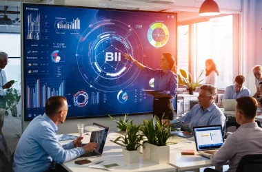 Pessoas analisam dados em um escritório moderno com painéis do Power BI em uma tela grande e laptops nas mesas.