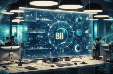 Tela transparente com análise de dados em Power BI em um escritório moderno com computadores e servidores.
