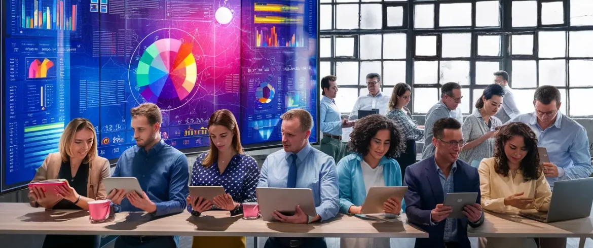 Pessoas analisando dados em um escritório moderno com um painel digital do Power BI.