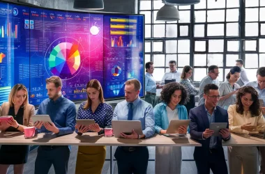 Pessoas analisando dados em um escritório moderno com um painel digital do Power BI.
