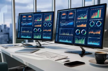 Dois monitores exibindo painéis financeiros complexos em uma mesa de escritório moderna com laptop e smartphone.