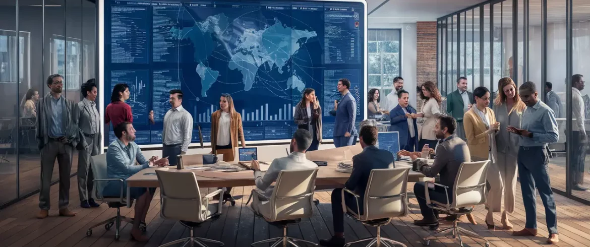 Profissionais colaboram em um escritório moderno com tela digital mostrando dados interconectados e gráficos.
