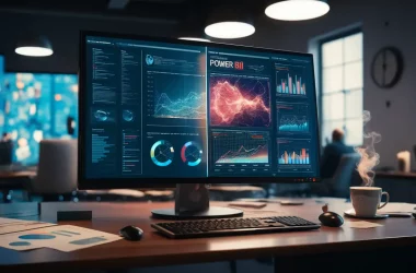 Monitor em escritório moderno comparando Power BI e outras ferramentas de BI com gráficos vibrantes e xícara de café ao lado.