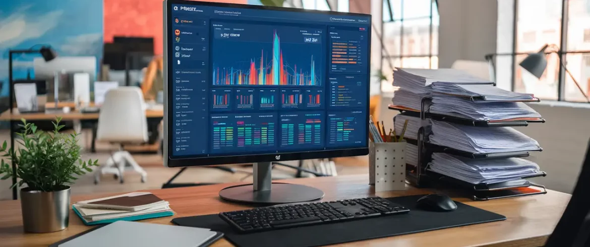 Monitor grande exibindo dashboard do Power BI em mesa de madeira com papéis organizados e planta ao lado.