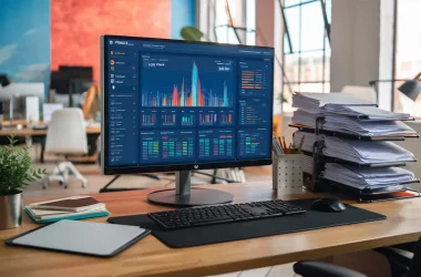 Monitor grande exibindo dashboard do Power BI em mesa de madeira com papéis organizados e planta ao lado.