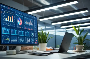 Tela de computador com dashboard colorido do Power BI em escritório moderno com laptop, café e planta.