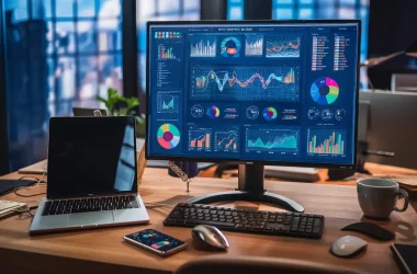 Monitor mostrando dashboard do Power BI com gráficos coloridos em escritório moderno, com laptop e smartphone na mesa.