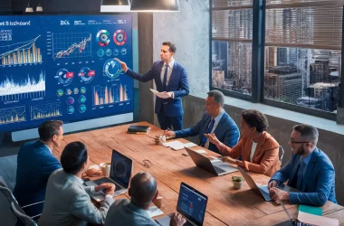 Pessoas em escritório moderno analisam um painel colorido do Power BI em grande tela de computador.