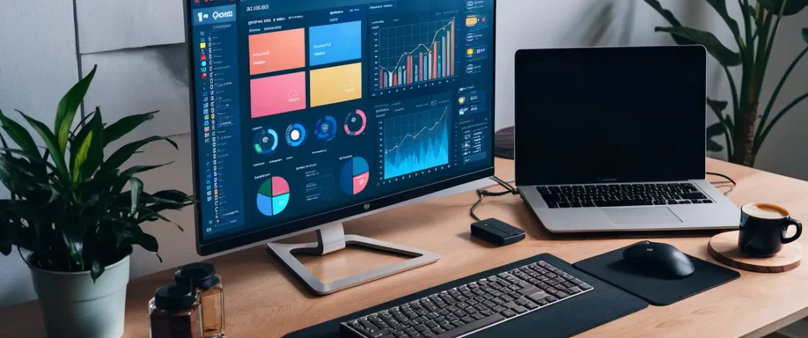 Monitor de computador exibindo dashboard do Power BI com gráficos coloridos ao lado de um laptop e um mouse.