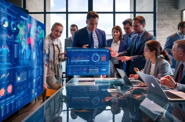 Espaço de escritório moderno com pessoas analisando um painel digital com gráficos e dados em uma mesa de vidro.