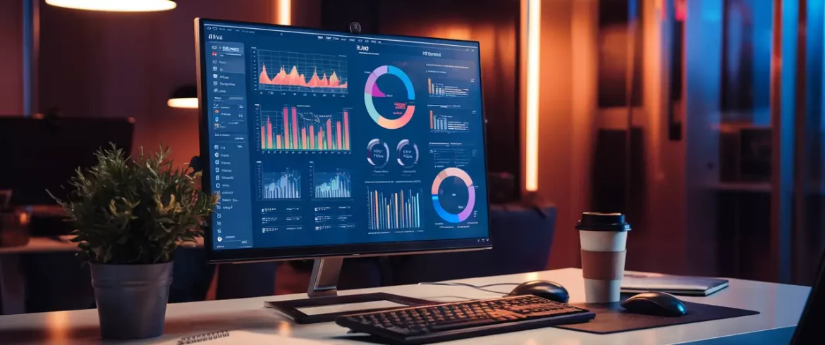 Escritório moderno com monitor exibindo gráficos de Power BI, planta em vaso, bloco de anotações e xícara de café na mesa.