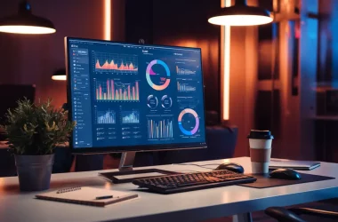 Escritório moderno com monitor exibindo gráficos de Power BI, planta em vaso, bloco de anotações e xícara de café na mesa.
