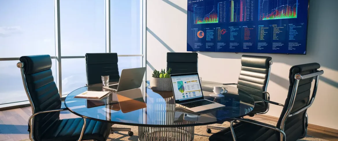 Ambiente de escritório com mesa de conferência de vidro, cadeiras ergonômicas e tela exibindo visualizações de dados coloridas.