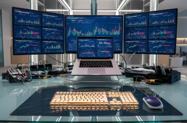 Laptop conectado a monitor com gráficos do Power BI, teclado iluminado e cabos organizados em ambiente moderno.