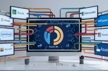 Monitor com dashboard do Power BI no centro, cercado por telas menores com logos de plataformas como Excel e Salesforce.
