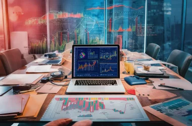 Laptop em mesa de escritório com gráficos de big data, papéis e canetas, cidade visível pela janela ao fundo.