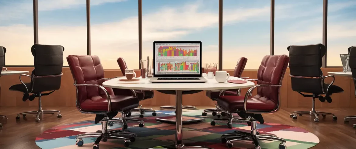 Computador em mesa de escritório com gráficos coloridos na tela, papéis, canetas e copo de café em ambiente moderno.