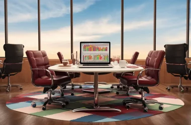 Computador em mesa de escritório com gráficos coloridos na tela, papéis, canetas e copo de café em ambiente moderno.