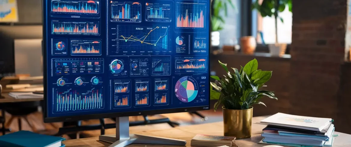 Monitor com painel do Power BI repleto de gráficos coloridos, cercado por livros sobre Big Data e planta em mesa de madeira.