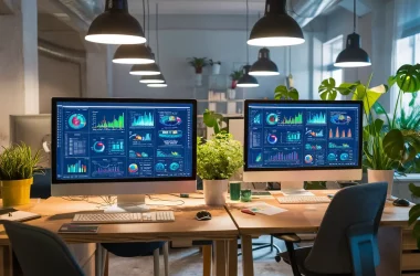 Monitores de computador com dashboards de BI em mesas de madeira, cercados por plantas e móveis de escritório modernos.