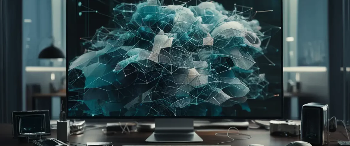 Padrão digital de tecido em tons de azul e prata em tela de computador, cercado por gadgets modernos.