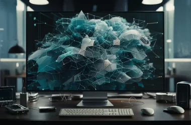 Padrão digital de tecido em tons de azul e prata em tela de computador, cercado por gadgets modernos.