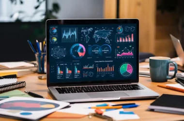 Laptop com painel do Power BI cercado por cadernos, canetas e uma caneca de café em uma mesa de madeira.