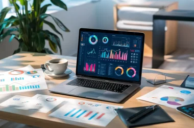 Laptop moderno com painel do Power BI colorido em mesa de escritório cercada por gráficos e xícara de café.